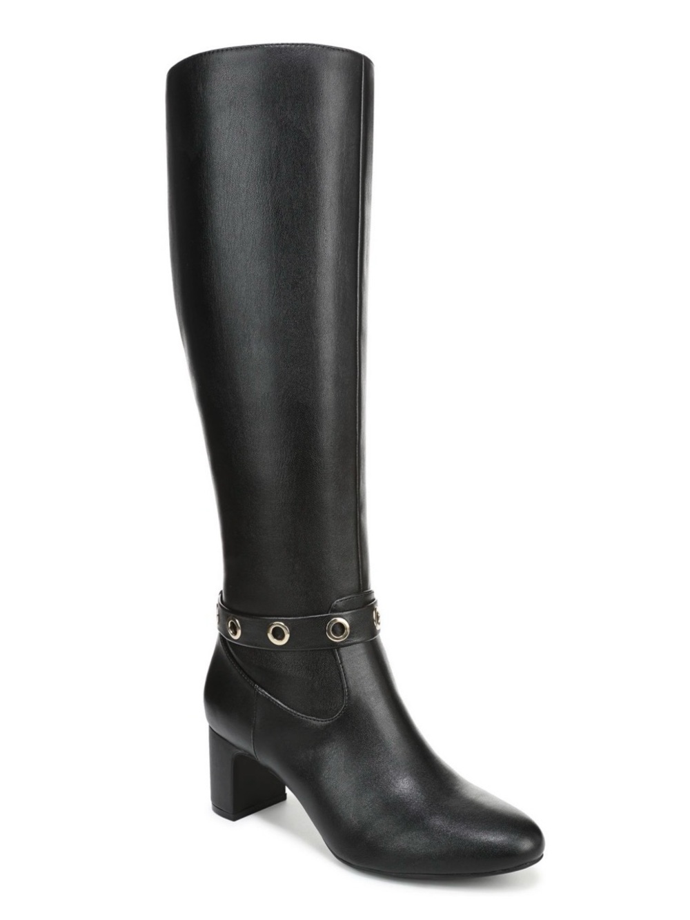 LifeStride Wide Calf Black Tall Block-Heel Boots with Silver Eyelet Strap